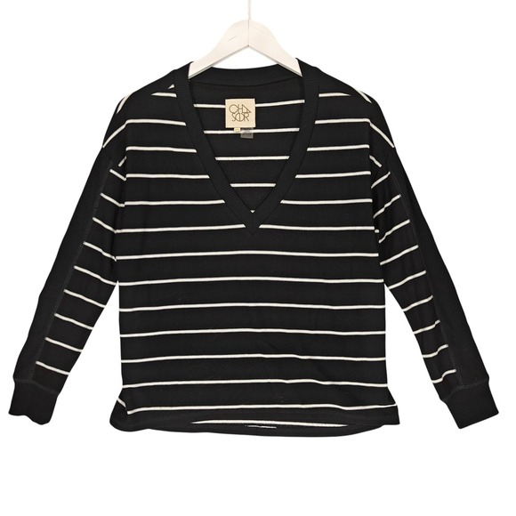 Chaser Sweaters - Chaser Womens Black White Striped V-Neck Sweater XS CWB853